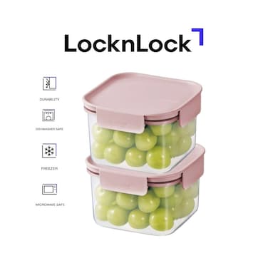 LocknLock Classic Plus Square Food Container 860ml (PACK of 2) &ndash; Pink, Airtight Leakproof, BPA-Free, Microwave &amp; Freezer Safe