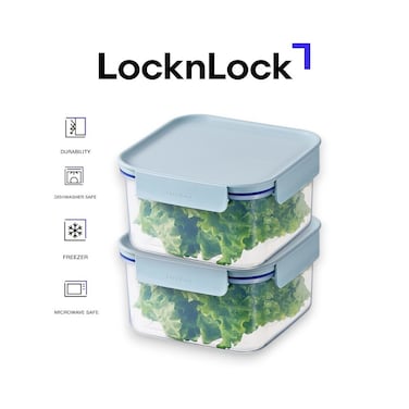 LocknLock Classic Plus Square Food Container 1.25L (PACK of 2) &ndash; Mint, Airtight Leakproof, BPA-Free, Microwave &amp; Freezer Safe