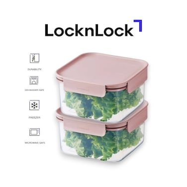 LocknLock Classic Plus Square Food Container 1.25L (PACK of 2) &ndash; Pink, Airtight Leakproof, BPA-Free, Microwave &amp; Freezer Safe