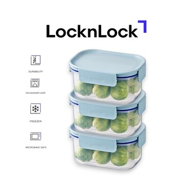LocknLock Classic Plus Rectangle Food Container 385ml (PACK of 3) &ndash; Mint, Airtight Leakproof, BPA-Free, Microwave &amp; Freezer Safe
