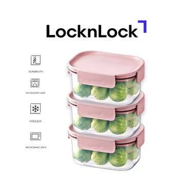 LocknLock Classic Plus Rectangle Food Container 385ml (PACK of 3) &ndash; Pink, Airtight Leakproof, BPA-Free, Microwave &amp; Freezer Safe