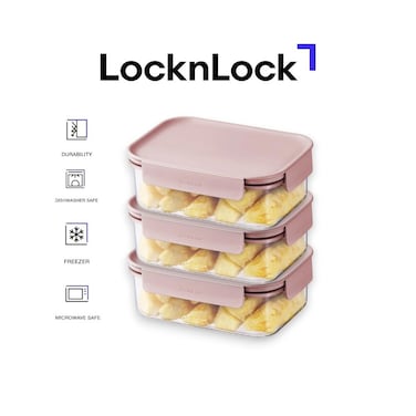 LocknLock Classic Plus Rectangle Food Container 420ml (PACK of 3) &ndash; Pink, Airtight Leakproof, BPA-Free, Microwave &amp; Freezer Safe