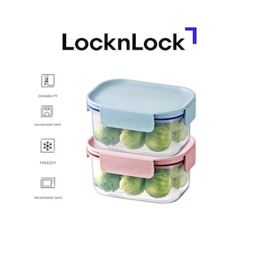 LocknLock Classic Plus Rectangle Food Container 385ml (PACK of 2) &ndash; Airtight Leakproof, BPA-Free, Microwave &amp; Freezer Safe