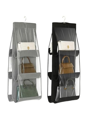 Hanging Purse Organizer, 2 Pack 6 Pocket Handbag Organizer for Closet, Collapsible Hanging Shelves Handbag Storage Organizer for Wardrobe (Gray&amp;Black)