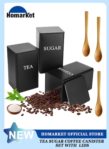 3 Pack Coffee Tea Sugar Container Set Black Iron Square Kitchen Canister Set with 3 Bamboo Spoon and Name Marker Sugar Organizer 3PCS Kitchen Storage Jars, Tea Storage Box, Coffee Storage Jars