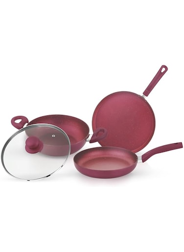 Royalford 4pcs Granite Non Stick Cookware Sets RF11959 Heat Resistant Exterior Dot induction Base Tempered Glass Lid with Steam Release Vent Bakelite Handles Overflow Protection