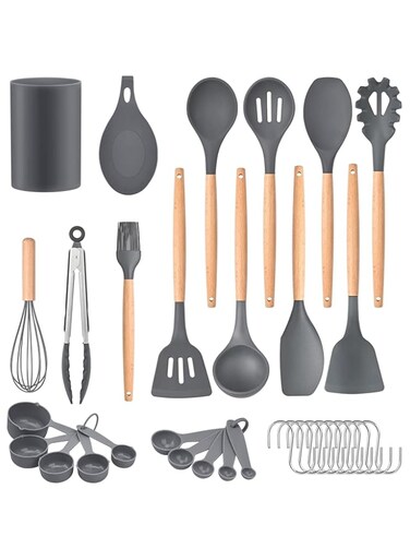 ICVKRJ 33 Pcs Silicone Cooking Utensils Kitchen Utensil Set - 446&deg;F Heat Resistant,Turner Tongs, Spatula, Spoon, Brush, Whisk, Wooden Handle Gray Kitchen Gadgets with Holder for Nonstick Cookware