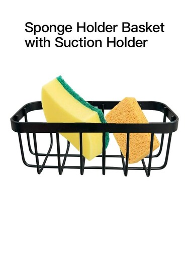 Stainless steel drain basket with suction holder for Sponge, Scrubber, Soap in Kitchen Sink, Bathroom, Bathtubs, 5.75''x2.25''x2.6'', Black