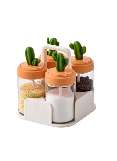 Kitchen Spice Jar 4-Piece Set, Household Seasoning Box,Seasoning Bottle Organization Set, Cactus Glass Seasoning Jar Bottle