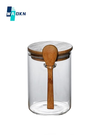 Plastic Spice Box Set with Lid and Spoon, Suitable for Home and Kitchen Use, Glass Storage Jar with Bamboo Lid and Bamboo Spoon for Tea, Coffee, Flour, Sugar, Candy, Biscuits, Spices