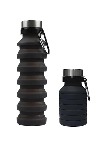 Collapsible Travel Water Bottle 500ml Reusable Leakproof BPA Free for kids and adults Ideal for outdoor activities School, Sports, Hiking and GYM water bottle with smart bottom storage (Black)