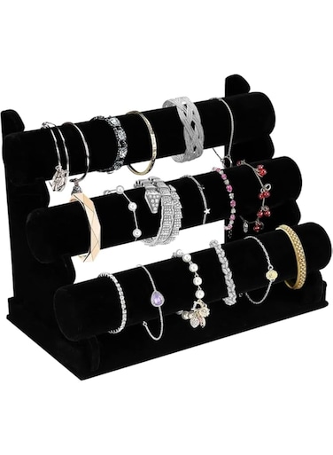 Tazweeq Velvet Detachable Bracelet Holder Three Tier, Stylish Jewelry Display Stand, Bracelet Storage Organizer for Watch Ring Bracelets Necklace Display (Black)