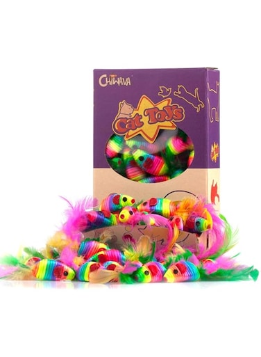 Chiwava 24PCS 5" Rattle Cat Toys Mice with Feather Rainbow Rope Mouse Kitten Interactive Toy Assorted Color