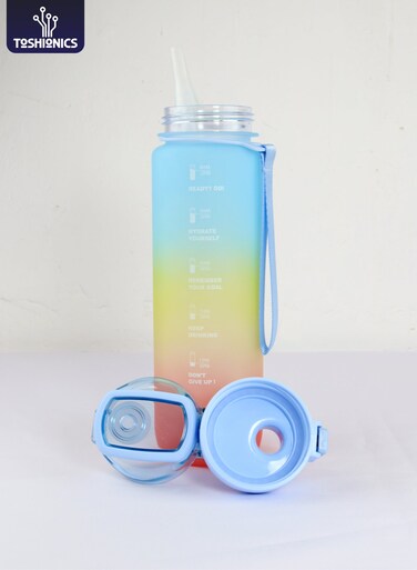 1000ml Motivational Sports Water Bottle with Time Markers, One-Touch Lid, Flip-Top Spout, Integrated Straw, Dual Carry Strap Design and Cute Free Stickers - BPA-Free, Leak-Proof Lid, Eco- Friendly, Plastic, Reusable, Drink Reminder Water Bottle for Adults and Kids in School, Office, Daily Hydration, Gym, Fitness, Outdoor, Sports and Travel, 32oz Bottle