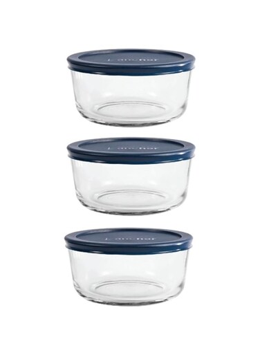 Anchor Hocking Glass Food Storage 3PSC ROUND W/NAVY SNUGFIT LIDS