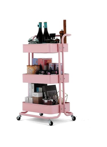3 Tier Metal Rolling Utility Cart Organizer, Multipurpose Organizer Trolley with Casters for Kitchen, Bedroom, Bathroom, Office, Laundry Room and Garage (Pink)