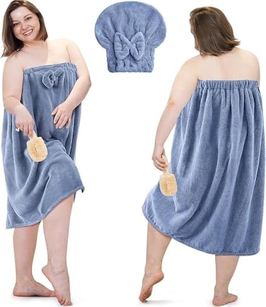 Bath Wrap for Women, 2 Sets Womens Wrap Towel with Hair Towel Plus Size Bath Towel Wrap Shower Dress Towel Spa Wraps for Women's Bathrobe, For Sauna Beach Pool Gym Trave (Blue)