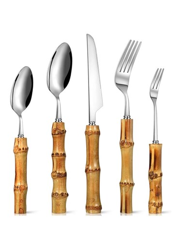 MAKINGTEC Bamboo Silverware Set Natural Bamboo Flatware Set Hand Crafted Bamboo Cutlery Utensils (4 sets, 20 Cutlery Pieces, Silver)
