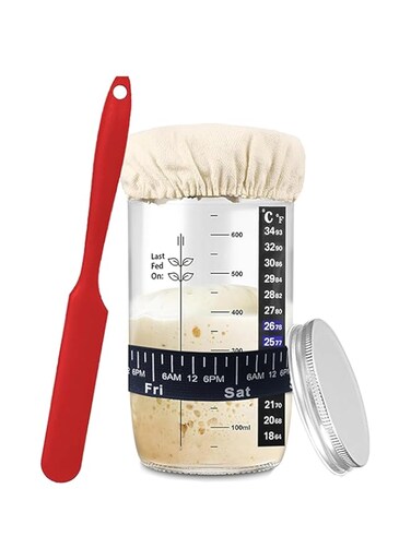Goshyda Sourdough Starter Jar Kit, 34oz Large Capacity Sourdough Starter Jar, Essential Bread Making Supplies with Silicon Lid, Thermometer for Home Baking