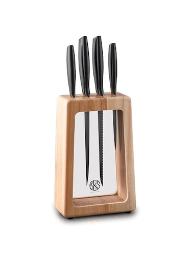 B&amp;S knife block with 4pcs knife set block material:rubber wood+acrylic Knife material: 3cr14,hollow handle,all black painting