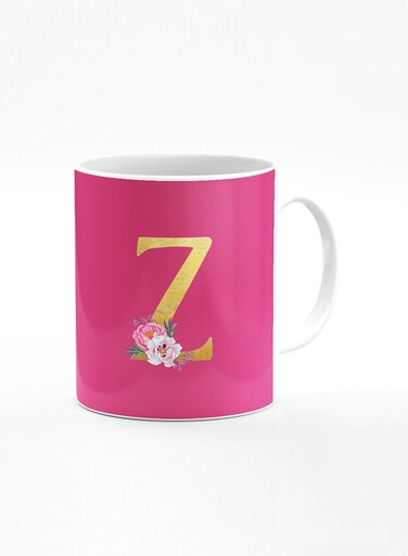 Designer Printed Coffee Mug 11oz Ceramic Personalised Gift Mugs Cup -Custom Monogram Initial Letter Floral Pattern Alphabet - Z (Dark Pink Rose)