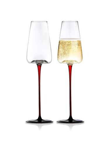 Champagne Glasses Set of 2 - Modern Red Stem &amp; Black Bottom for Sparkling Wine, Ros, Prosecco, Champagne Handcrafted Barware, Perfect for gift