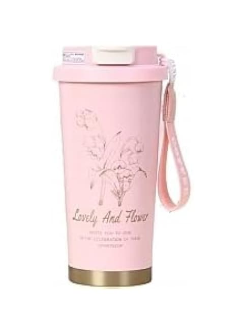 Bisbell Insulated Travel Mug, Pink Floral Design, 304 Stainless Steel, Vacuum Sealed with Straw and Carry Strap,BB3540