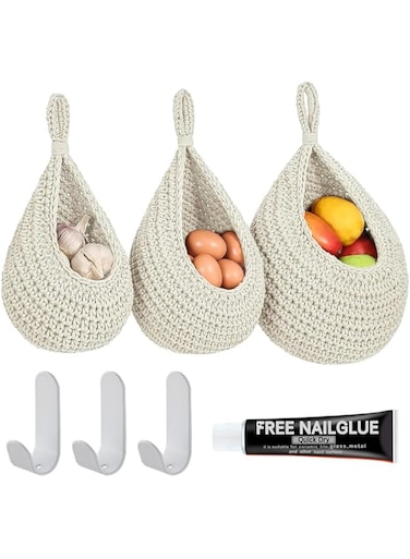 TOMVAES 3 Pcs Kitchen Hanging Fruit Basket, Onion Basket Hanging for Pantry, Wall Hanging Vegetable Fruit Basket for Potato, Onion Garlic, Handmade Jute Rope Hanging Basket for Kitchen Storage