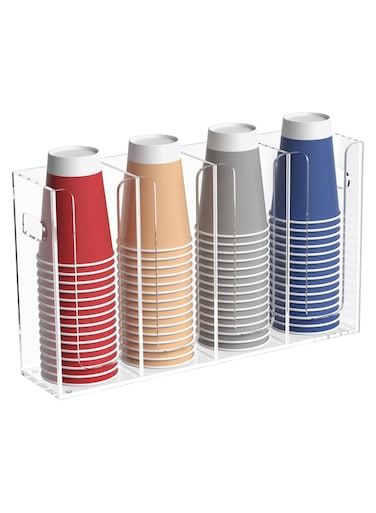 Disposable Coffee Cup Dispenser with Handles, Countertop or Wall Mount Hot/Cold Drink Cup and Lid Holder - Bathroom/Kitchen/Office Acrylic Cup Lid Storage Organizer (4 Compartments, Clear)