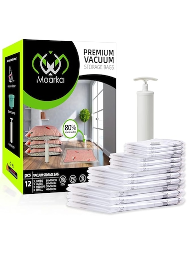 Moarka Vacuum Storage Bags - 12 Pcs Travel Compression Bag - Clothing Storage Bags with Hand Pump for Mattress, Bedding, Blanket, Duvet, Pillows, Comforters, Rug (12 Packs (3J x 3L x 3M x 3S))