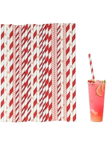 melala Biodegradable Paper Straws, 200pcs Stars/Dots/Stripes/Waves Drinking Straws for Birthday, Wedding, Bridal, Baby Shower and Party Decorations (Red)