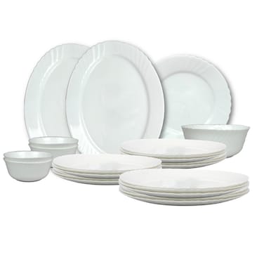 Melrich 27 Pcs Opal ware Dinner Set 6 Dinner plate, 6 Dessert plate, 6 Soup plate, 6 Bowl, 1 Medium &amp; 1 Large Bowl 1 Serving Plate Dishwasher safe Microwave safe Scratch Resistance