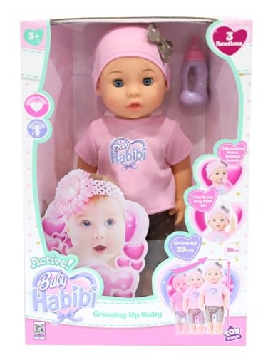 Baby Habibi Realistic Growing Up Baby Doll 14Inch - Lifelike Design With Realistic Features, Drinks Milk, Shrinks &amp; Grows, Includes Accessories &amp; Removable Trendy Outfit For Interactive Play, Ages 3+