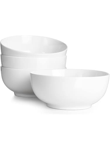 DOWAN 39 OZ Large Deep Bowls Set of 4 - White Ceramic Bowls for Ramen, Pasta, Salad, Mixed Fruit - Dishwasher &amp; Microwave Safe