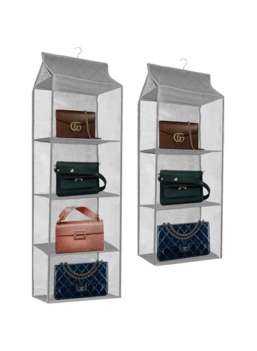 2 Pack Hanging Handbag Purse Organizer for Closet, Purse Bag Storage Holder for Wardrobe Close with 1pcs 4 Shelves Space and 1pcs 3 Shelves Space Saving Purse Organizers System (Grey)