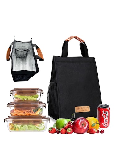 Adando Lunch Bag Insulated Lunch Bag 600D Oxford Cloth Reusable Waterproof Cooler Lunch Bag for Adult Kids Portable Large Bento Tote for Office, Work, School, Picnic, Fishing, Hiking Travel (Black)