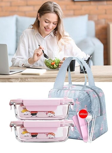 2 Pcs Glass Meal Prep Containers&iuml;&frac14;&OElig;Leak Proof Lunch Box&iuml;&frac14;&OElig;Food Storage Containers with Lids&iuml;&frac14;&OElig;with Durable Lock Covers, With Insulated Bag and Tableware,for Microwave, Oven,Freezer and Dishwasher&iuml;&frac14;&OElig;680ml