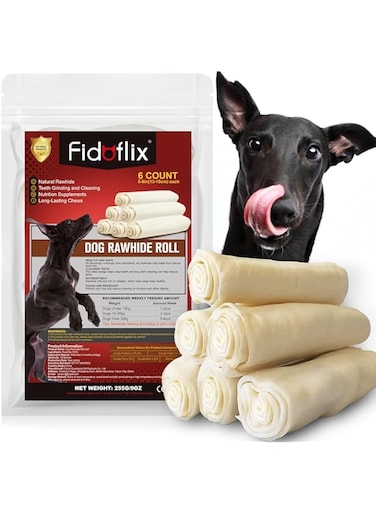 FidoFlix Dog Rawhide Chews,Long Lasting Rawhide Sticks Rawhide Rolls,Natural And Safe Beef Hide Rawhide,5-6 Inch Single Ingredient Dog Chews Rawhide for Midium Large Dogs (6 Pack)