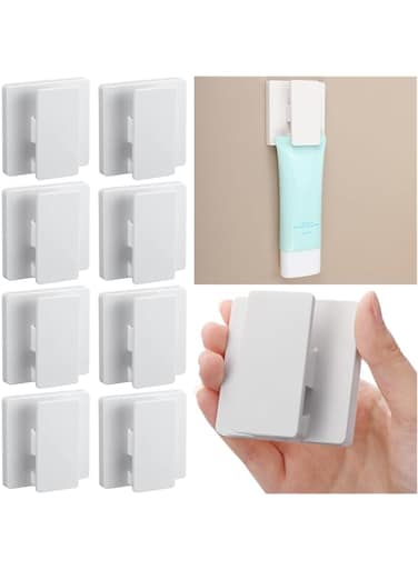 Azonee 8 Pcs Large Self-Adhesive Spring Clips for Hanging - Adjustable Wall Hooks No Drilling, Anti-Slip Towel Holder for Bathroom, Kitchen, Home (White)