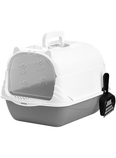 URbazaar Enclosed Cat Litter Boxes Plastic Cat Litter Box with Lid and Door Closed Anti-Splshing Standard Kitten Toilet with Sifting Pedal and Litter Scoop for Kitty(Grey)