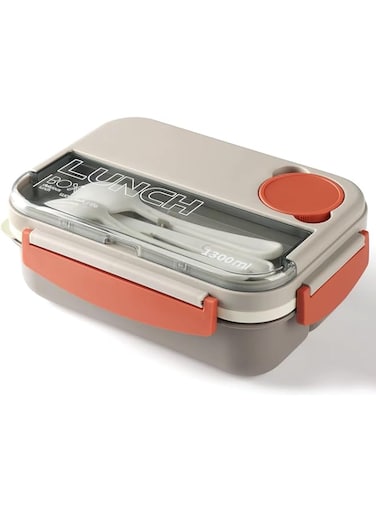 Bento Box Lunch Boxes Stackable Bento Lunch Box for Adults Leak-Proof Lunch Container with Compartments 4-in-1 Lunchbox with Sauce Pot Cutlery Set Microwave Dishwasher Safe Available 1300ML (Beige)