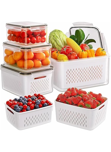 4 Pack Fridge Food Storage Container Set,U-HOOME Fruit Vegetable Containers with Lids with Strainer, Fruit Vegetable Storage Containers Keep Fruits, Vegetables, Berry, Meat Fresh longer, BPA-Free