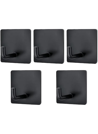 Adhesive Hooks - 5 Pack Towel/Coat Hooks Wall Hooks Stick on Bathroom or Kitchen (Matte Black, Stainless Steel)