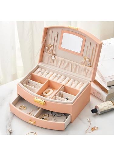 DRAVEN - GG Jewellery Box Leather Jewellery Box for Travel, Jewellery Organiser, Multifunctional Necklace Earring Storage Box with Mirror Gifts Suitable for Rings Earrings Necklaces Bracelets Jewelry