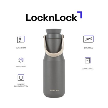 LocknLock 470ml Stainless Steel Metro Double Tumbler &ndash; Stylish Grey Travel Mug with Handy Strap