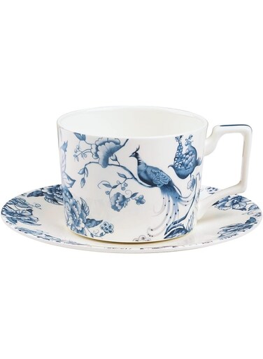 Bone China Tea Cup and Saucer Set for 1, Blue and White Coffee Cup with Plate Set, British Floral Porcelain Tea Cup for Women