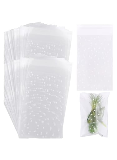 X spring Clear Plastic Self-adhesive Bags, 200PCS Self Adhesive Cookie Bags, White Polka Dot Clear Bags OPP Plastic Party Bag for Cookie, Candy (10x15+3cm)