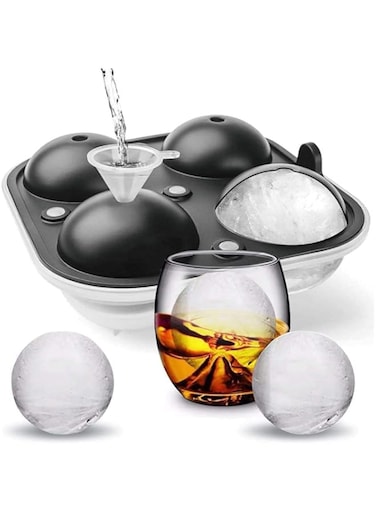 Seeway Large Ice Cube Trays for Whiskey, 2.5" Flexible 4 Ice Balls Maker with Lids &amp; Bonus Funnel, BPA Free Round Silicone Ice Cube Molds, Reusable Sphere Ice Tray for Cocktail, Bourbon, Scotch