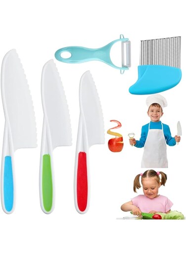 NAWOKEENY Toddler Knife Set, Kids Safe Plastic Kitchen Knife in 3 Sizes with Crinkle Cutter and Y Peeler, Kids Knife for Real Cooking Bread Chopping Vegetables Fruits Salad Cake (5Pcs)