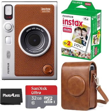 Fujifilm Instax Mini EVO Hybrid Instant Camera Brown   Fuji Instax Mini Single Pack Instant Film   32GB microSD   Camera Case - Bundle